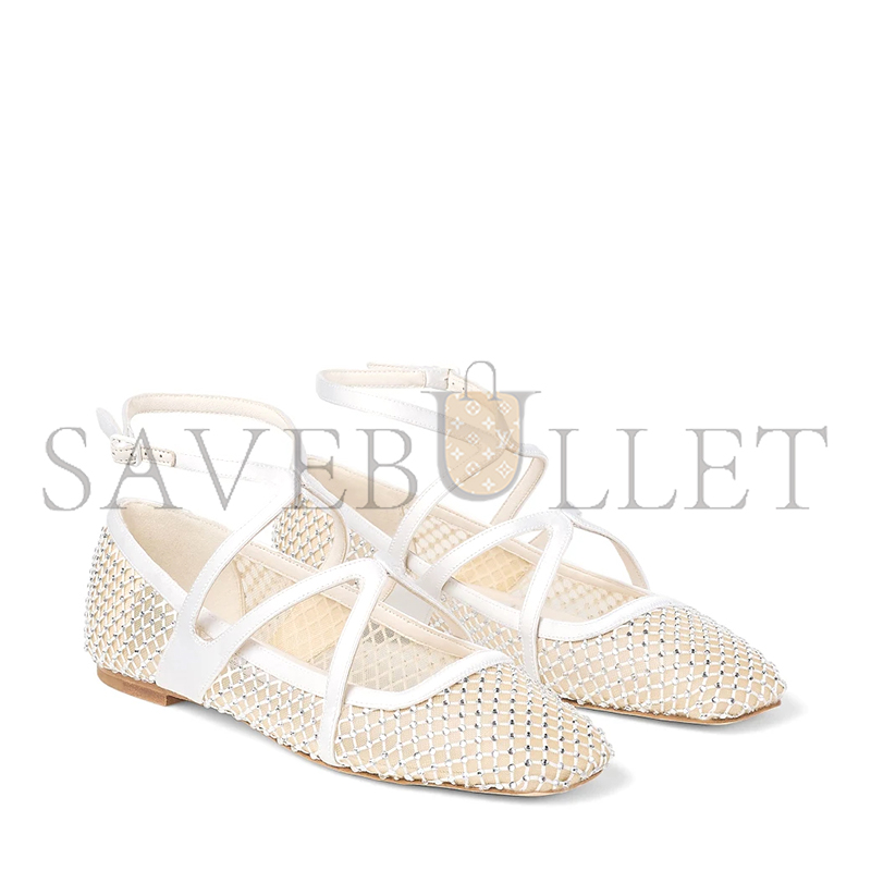 JIMMY CHOO ASTORIA FLAT WHITE CRYSTAL MESH SATIN FLATS ASTORIAFLATQHS